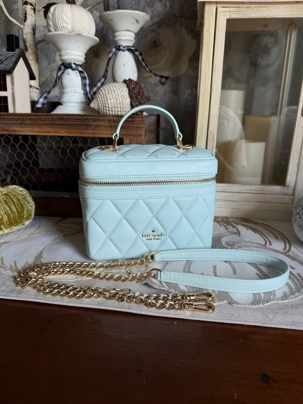 Kate Spade New York Sky Blue Cary Quilted Trunk Crossbody Bag Purse